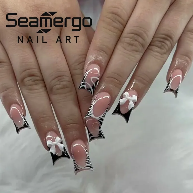 

24PCS Simple Black Duckbill False Nails Sweet Cool Zebra Patterns Press on Duck Nails with 3D Bowknot High Quality Fake Nail Tip