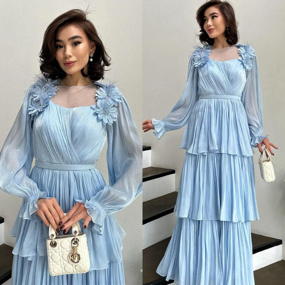 Customized Simple Blue Chiffon Evening Dress Exquisite Square Collar Long Sleeves Homecoming Dresses Fashion Vestido De Festa