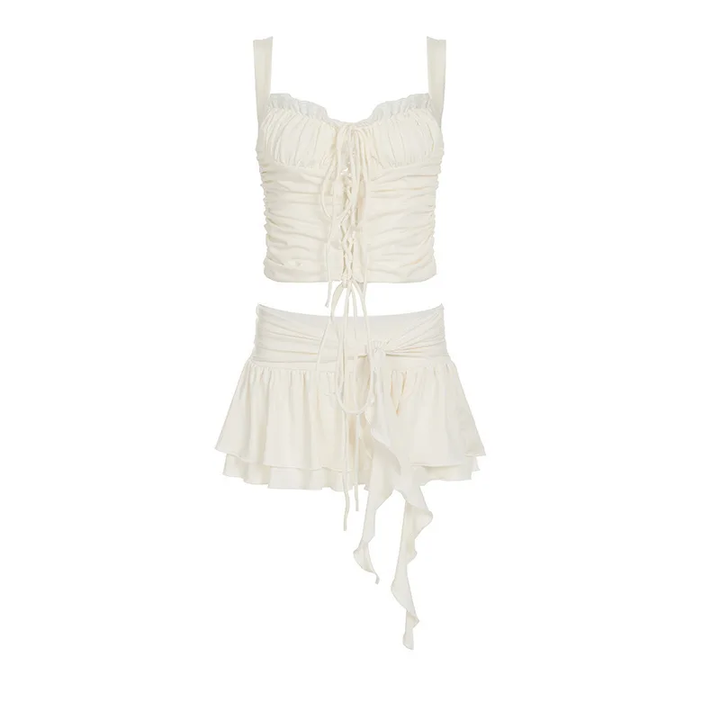 

Кружевной лоскутный жилет во французском стиле с рюшами и рюшами с низкой талией, двухслойная юбка-тортик, комплект из двух предметов