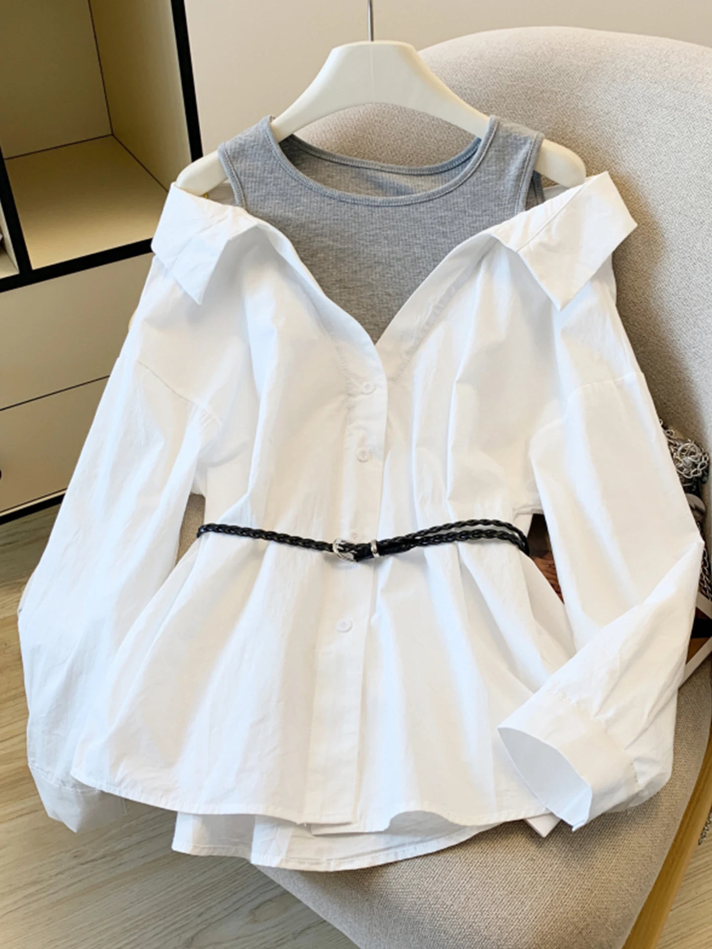 

Женская блузка-жакет Emily Clud Color Blo с длинным рукавом, свободного кроя, в французском стиле, с открытыми плечами и утянутой талией, весна-осень