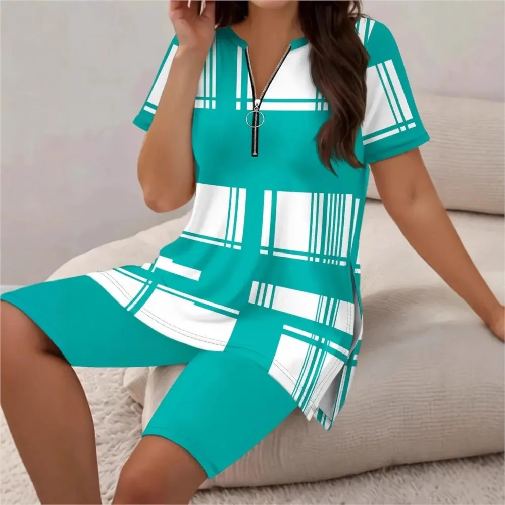 Estate nuove donne alla moda vestito con cerniera decorazione camicia stampata a righe Top + camicie abiti larghi casual set in due pezzi abbigliamento per la casa