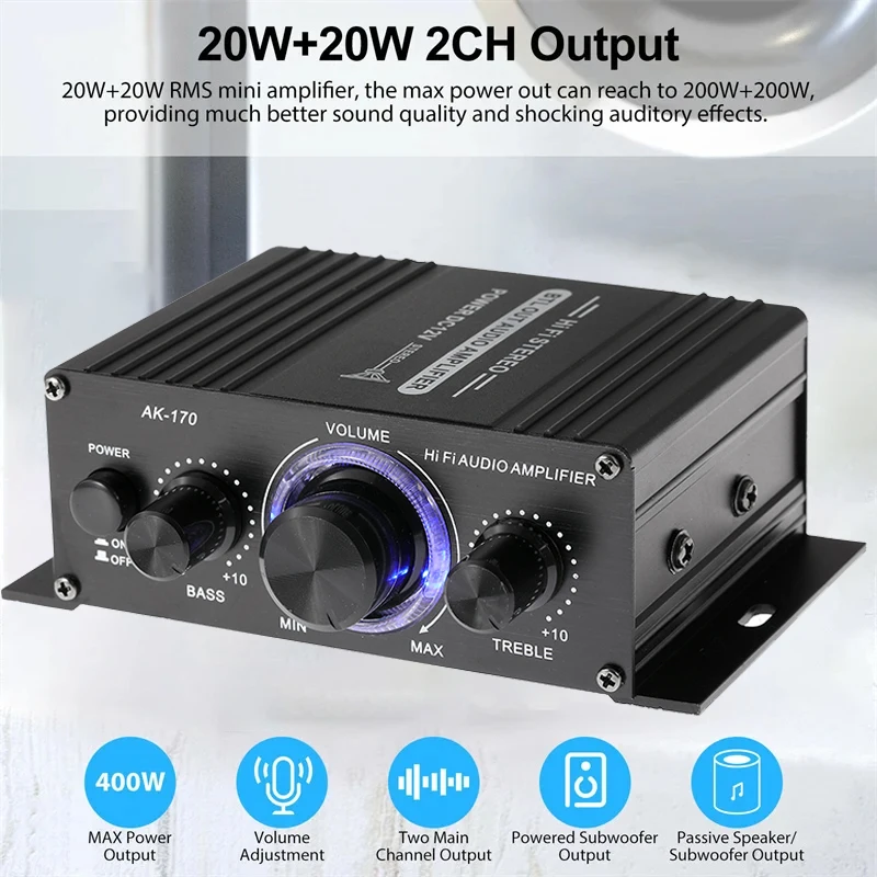 AK170 Mini Digital Power Audio Car Amplifier Blue Light Stereo Audio Amplifier for Home Theater Club Party Music 200Wx2 Power