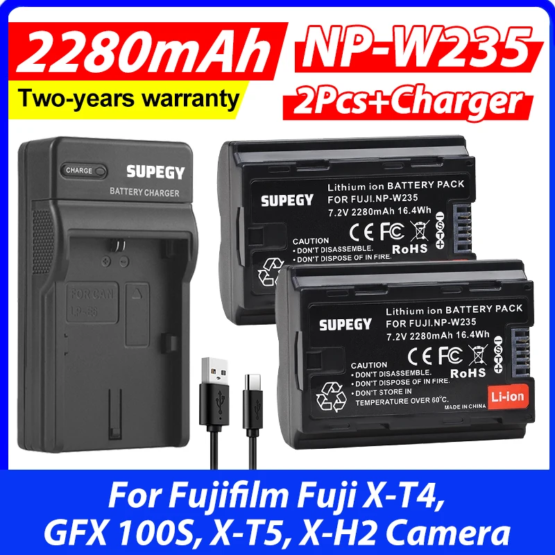 2280mAh NP-W235 NP W235 Battery + USB Charger with Type C Port for Fujifilm Fuji X-T4, GFX 100S, X-T5, X-H2 Camera