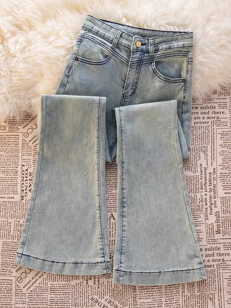 

High Waist Flared Jeans Women's Spring New Style Fleece Lined Slimming Light Blue Elastic Bell Bottoms All Seasons Denim Pants