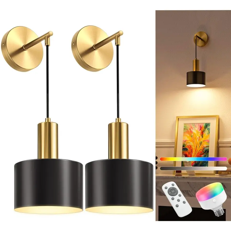 

Battery Operated Wall Sconce Set of 2, Gold amp Black Wireless Rechargeable Wall Lights with 5200mAh Dimmable Detachable Bulbs a