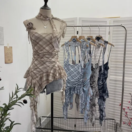 Imagen 2 del producto Camisola Vintage con tirantes finos de malla estampada Tie-dye para mujer, Top sin mangas con cinta con volantes irregulares para chica, Partyclub 1185