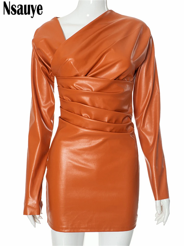 Nsauye 2024 New Autumn Women Elegant Party Dress Evening Holiday Night Club Fashion PU Leather Mini Long Sleeve Ruched Dress