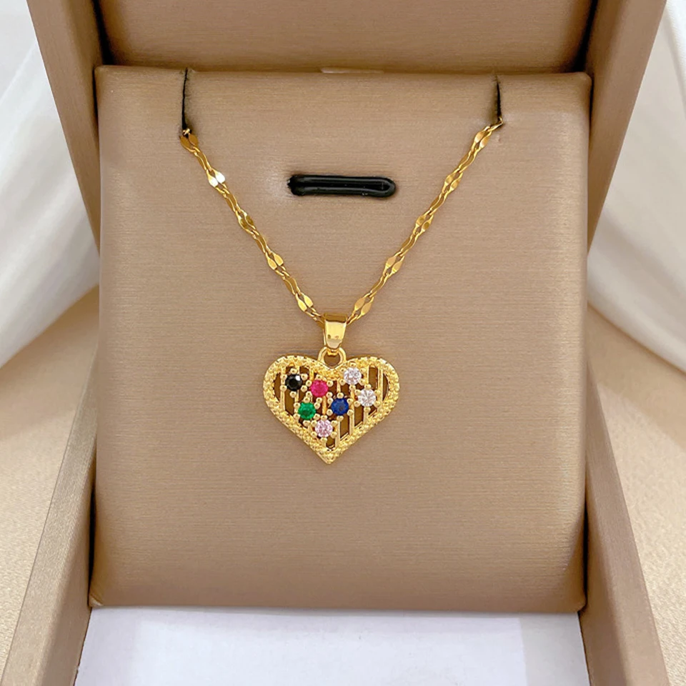 Trend ige Herz Edelstahl Zirkonia Halsketten für Frauen Mädchen lieben Gold Farbe Metall Halskette Party Geburtstag täglichen Schmuck