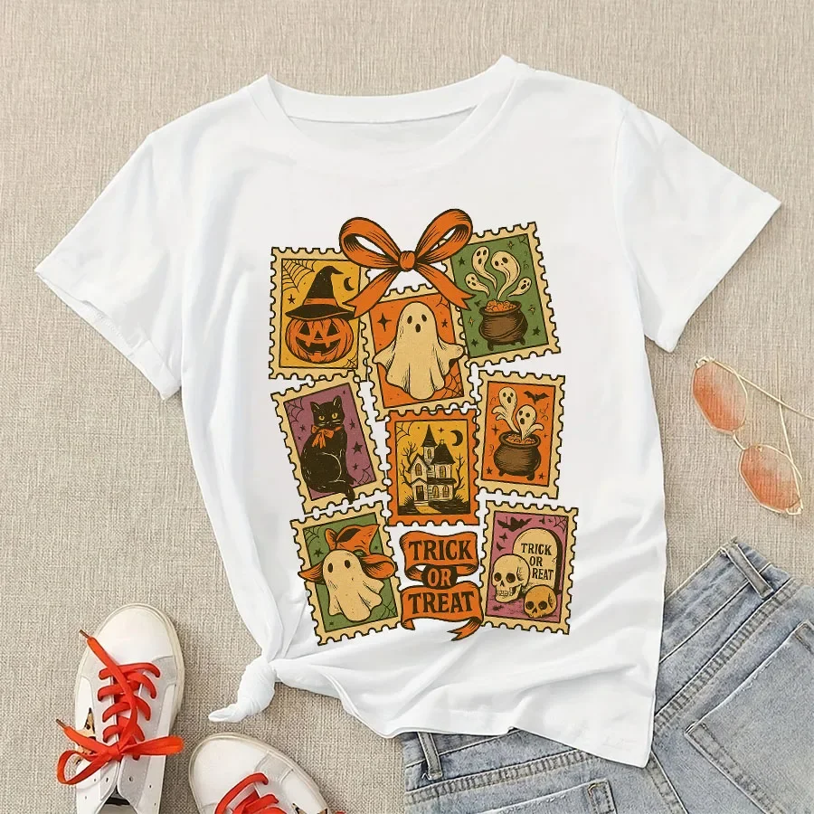 خمر هالوين القط شبح مطبوعة التي شيرت المرأة الصيف القط تي شيرت مضحك المألوف عادية جولة الرقبة قصيرة الأكمام تيز #4
