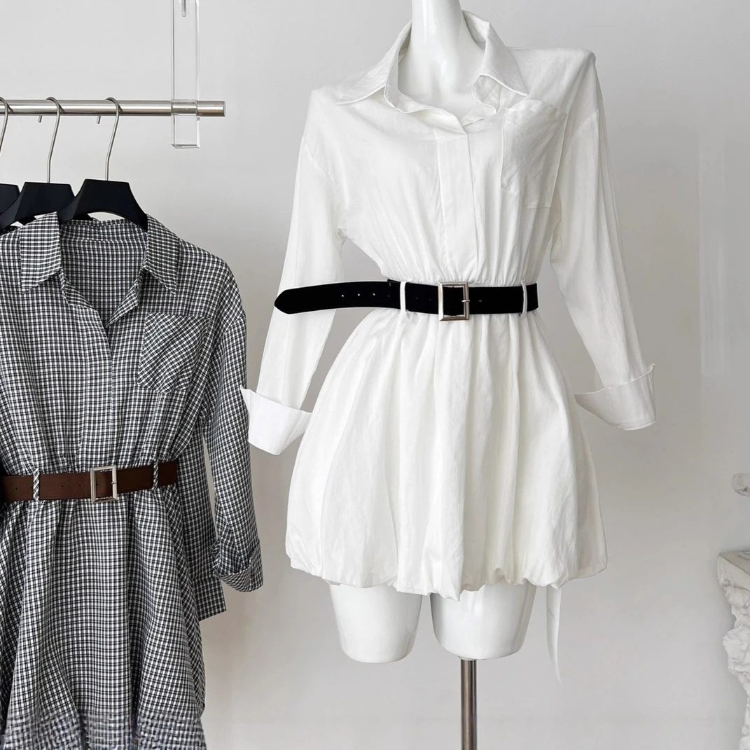 

Women Plaid Dresses Shirt Dress Casual Lace Up Long Sleeves Turn Down Collar White Cinched Waist Single Breasted 2025 Autumn
