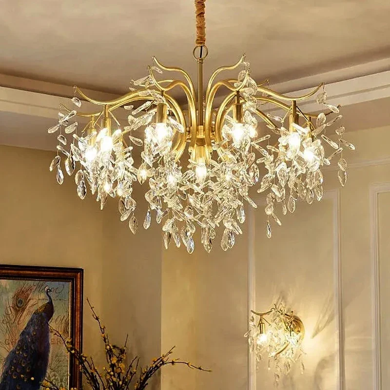 

American Pastoral Led Pendant Lighs Light Luxury Crystal Bedroom Living Room Ceiling Chandelier Interior Decoration Glossy Lamps