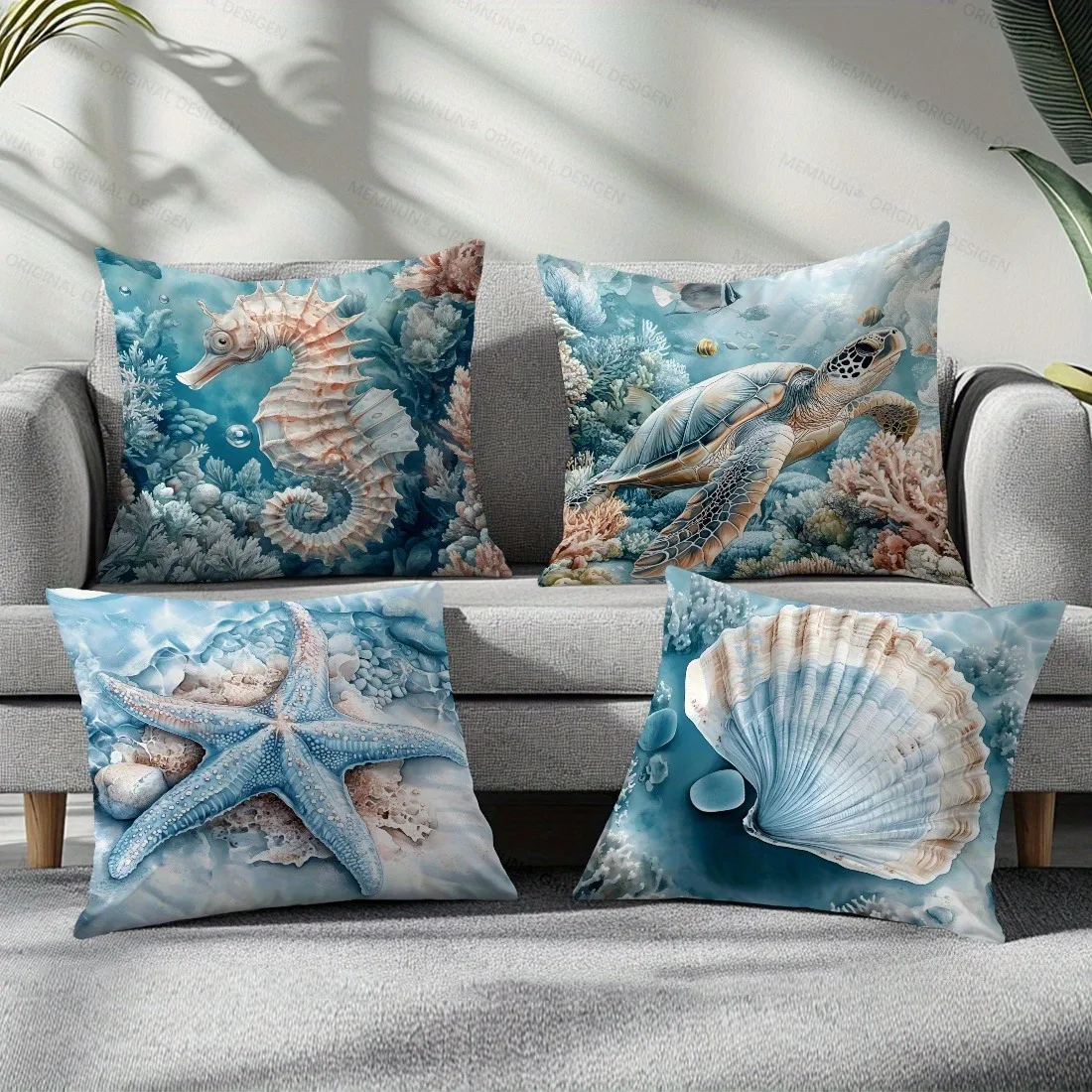 4pc Ocean themed illustration throw pillowcaseSuitable for sofa car bedroom decorative cushion cover pillow cover