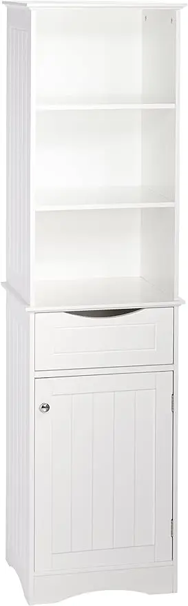 

White Ashland Bathroom Freestanding Storage Cabinet with Three Open Shelves and Drawer