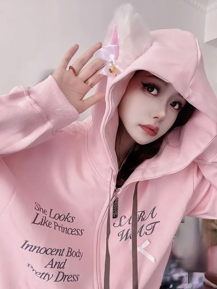 Women Vintage Harajuku Hoody Zip Up Loose Sweatshirt 2024 Autumn Letter Printing Hoodies Y2k Aesthetic Cat's Ears Cute Cardigan