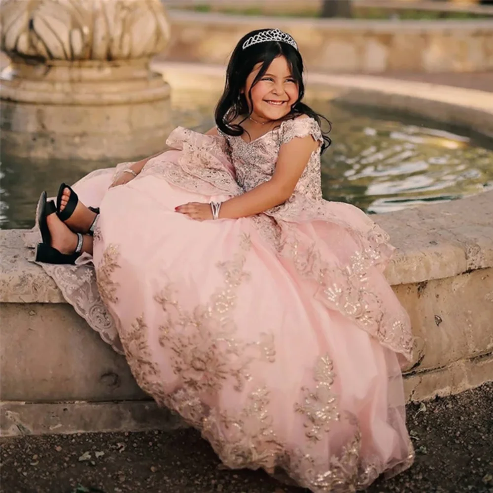 

Shiny Sequined Off The Shoulder Flower Girl Dress Ball Gown Pleat Floor Length Long Ball Formal First Communion Dress Customized