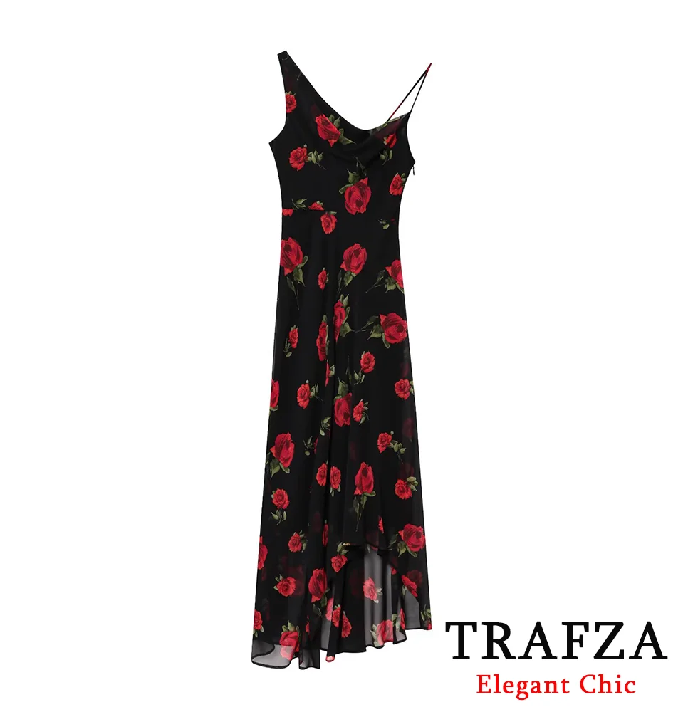 

TRAFZA-Women Elegant Rose Print Black Cami Dress Sexy Backless Long Dress New 2025 Spring Summer Fashion Date Party Beach Dress