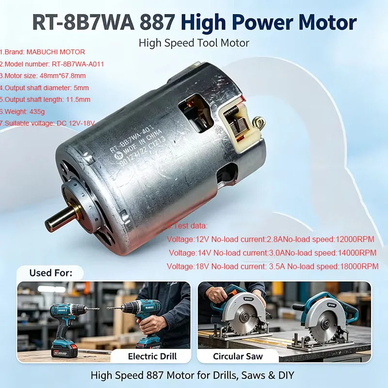 MABUCHI RT-8B7WA-A011 48MM RS-887 Motor DC 12V 14.4V 18V 18000RPM High Speed Power Electric Motor Front Ball Bearing 5mm Shaft