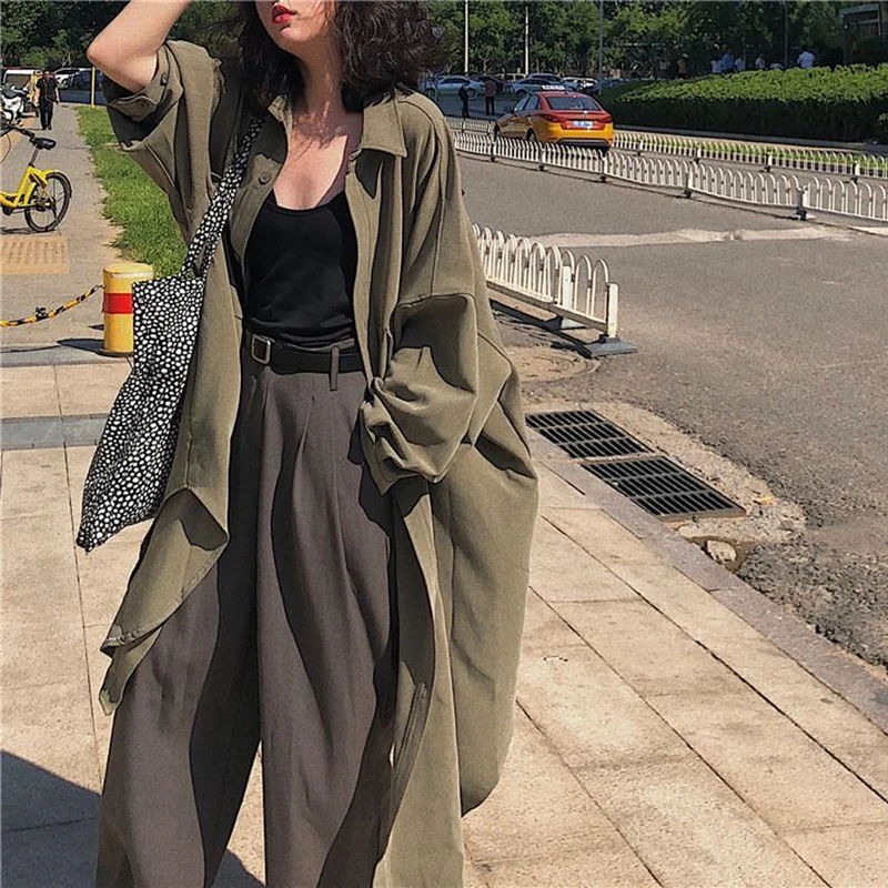 Bat Sleeve Thin Trench Coat Women Loose Lazy Big Pockets Spring Fall Casual Jacket Mid-Long Chic Solid Korean Harajuku Y2K Shirt