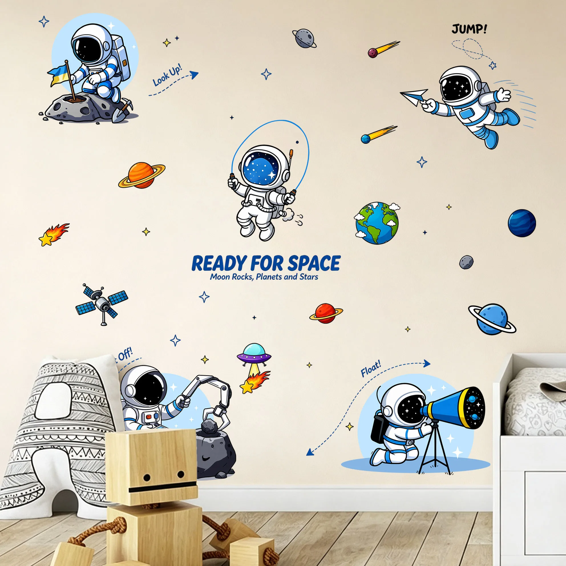 Cartoon Astronaut Space Wall Stickers Ready For Space Quote Planet Rocket UFO Satellite Wall Decals Removable Boys Nursery Decor