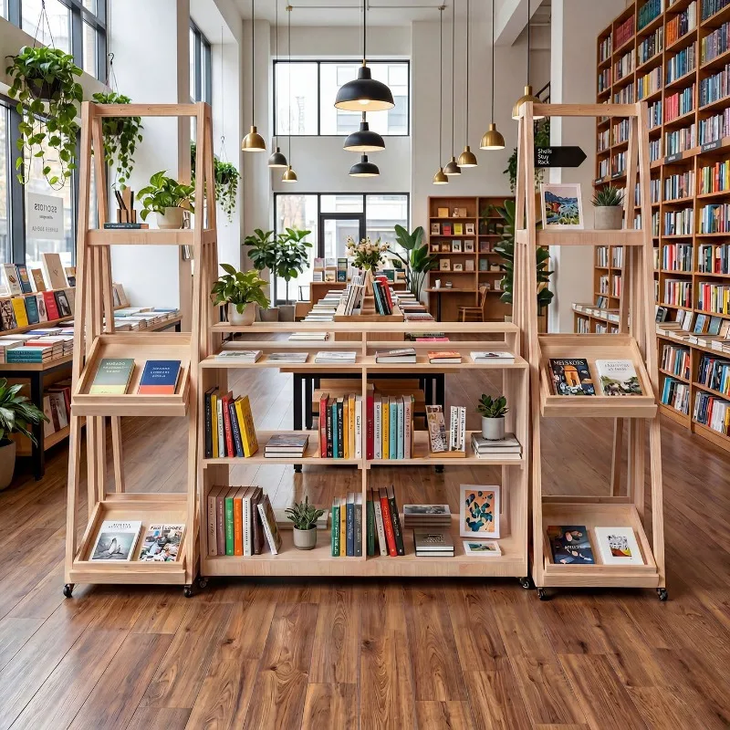 Mobile Solid Wood A-type Shelves, Bookstore Display Racks, Commodity Store Magazine Wheel Display Racks, Multi-layer Shelves