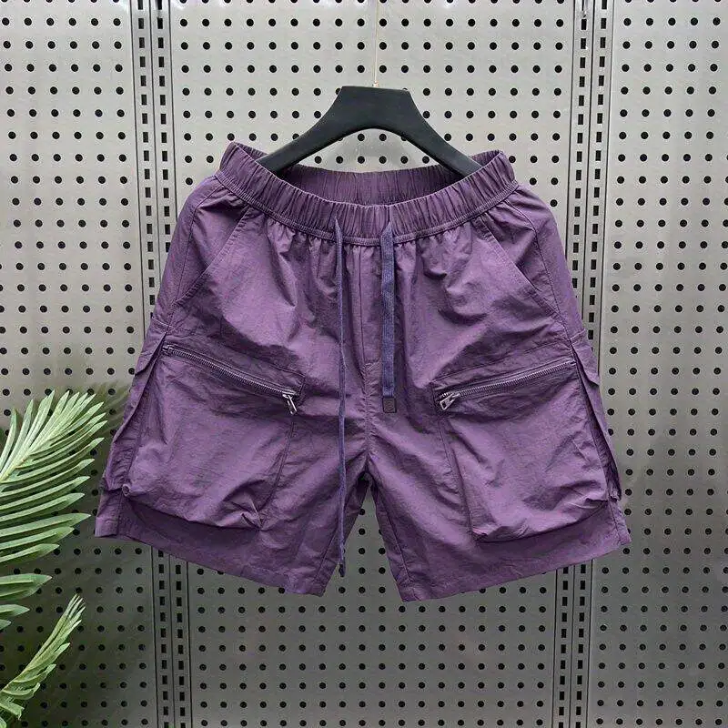 

Summer Ice Silk Thin Four-Quarter Shorts Men Quick Dry Breathable Casual Pocket Zipper American Couple Beach Five-Quarter Pants