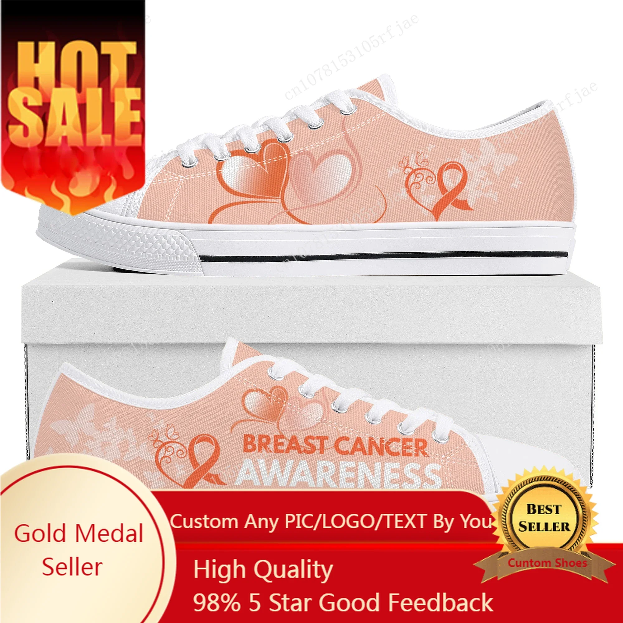 

Breast Cancer Awareness Pink Ribbon Design Low Top Sneakers Womens Mens Canvas Sneaker Couple Custom Built Shoes