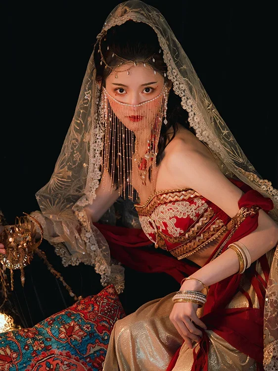 النمط الصيني المرأة Dunhuang Hanfu فستان مجموعة النمط الوطني حمالة صديرية دائرية شرابة اكسسوارات فساتين الحجاب نمط الصحراء