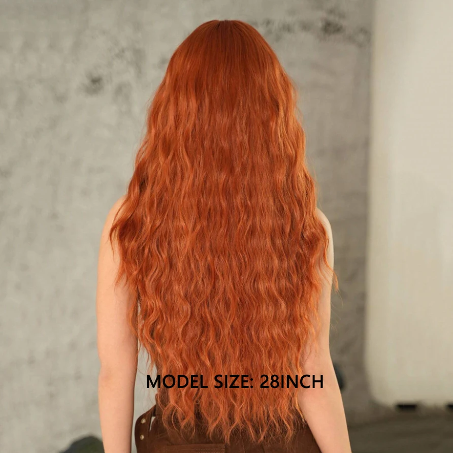 باروكة برتقالية طويلة مموجة، مصنوعة من ألياف صناعية مقاس 28 بوصة، مثالية للعب الأدوار والهالوين والحفلات والعطلات