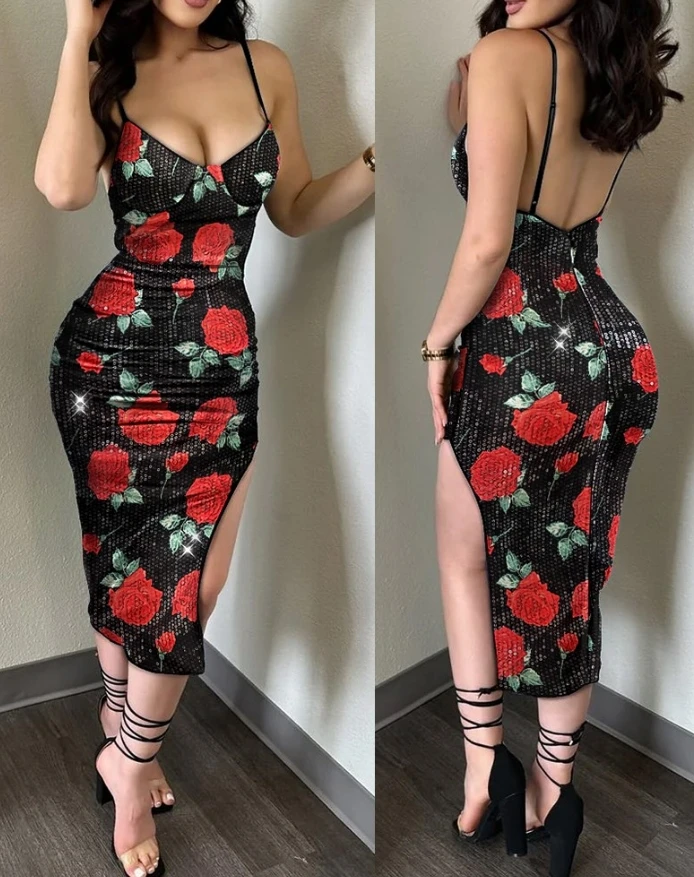 

Hot Selling 2024 Fashion Sequin Leopard Print V-Neck Spaghetti Strap with Tight Fitting Women's Slit Club Sexy Matching Dress