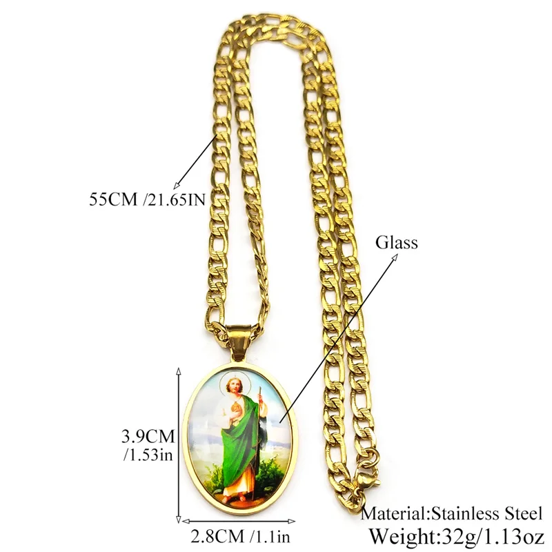 San Judas Tadeo-Medaillen-Anhänger-Halskette für Damen und Herren, Edelstahl, goldfarben, Heilige, Apostel Jesu, Amulett, Glaube, Schmuck – Detail 3