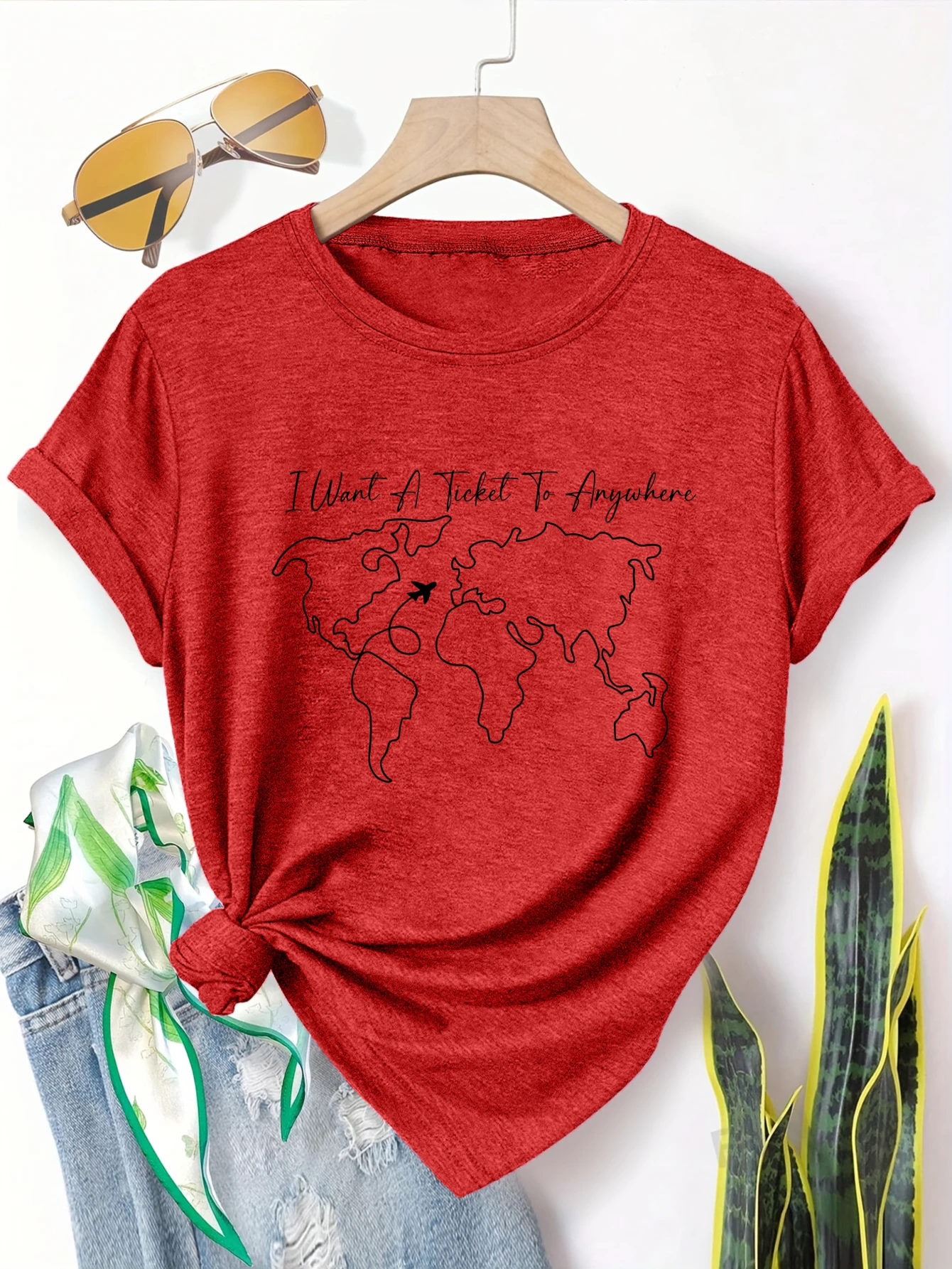 

Plus size women's short sleeve T-shirt I Want A Ticket To Anywhere Spring and Summer Must-Haves summer outfits women's clothing