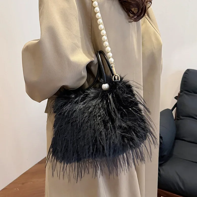 Retro Grey White Khaki Tassel Plush Tote Handbags 2024 Autumn Winter Women's Shoulder Bag Crossbody Party Handbag Small Clutch