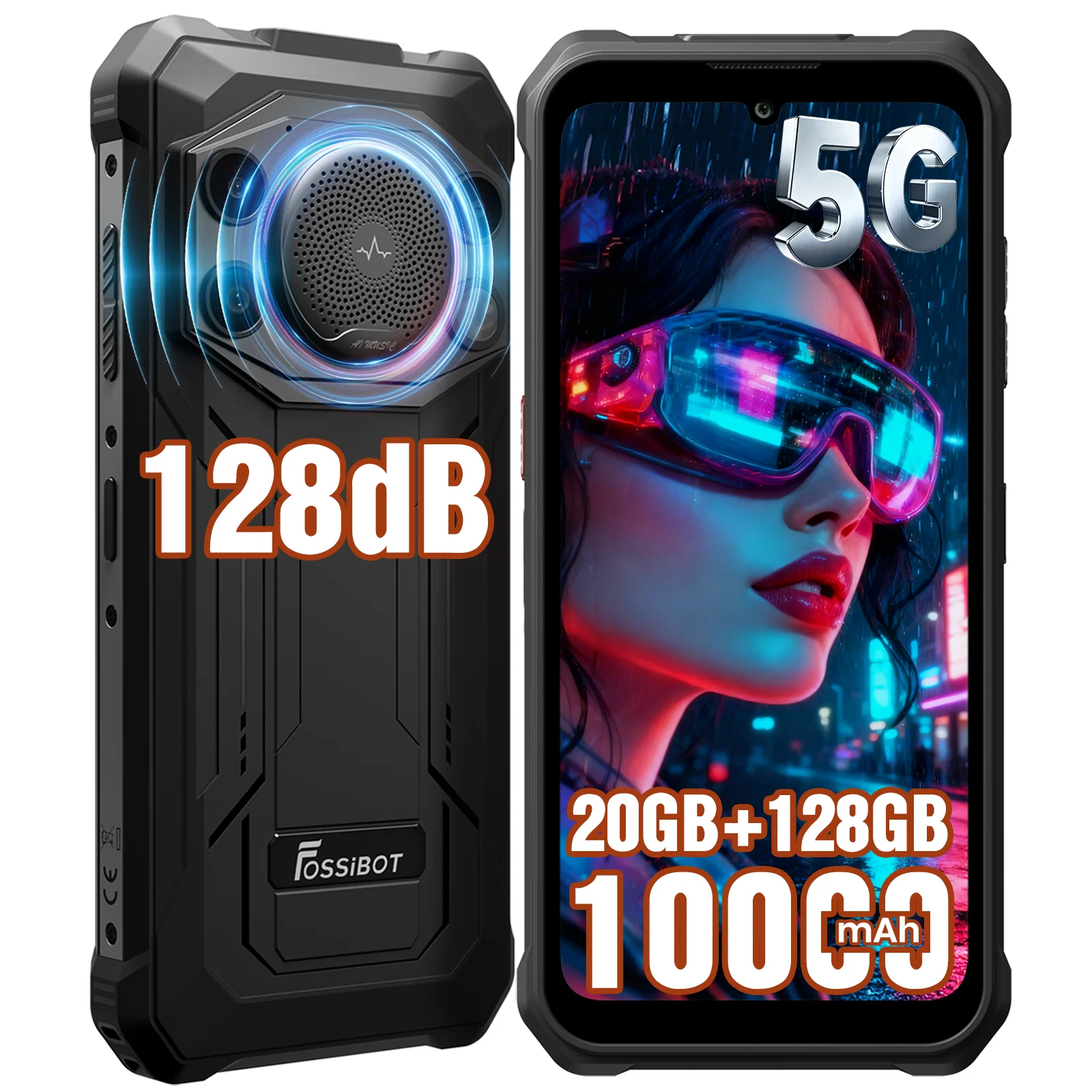 هاتف FOSSIBOT F110 Pro غير مقفول 5G Android 15: مكبر صوت 128 ديسيبل، 20 جيجابايت + 128 جيجابايت (2 تيرابايت توسيع)، 10000 مللي أمبير، 6.7 بوصة عالي الدقة، كاميرا 50 ميجابكسل، IP68/6