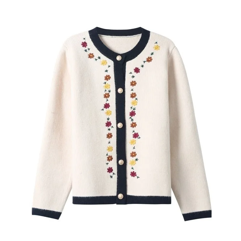 Cardigan brodé pour femmes, pull décontracté, col rond, manches longues, court, tricoté, sauvage, doux, nouvelle collection printemps automne
