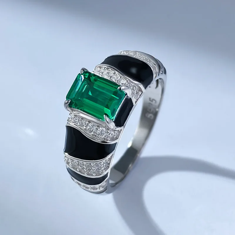 Jewelry New S925 Silver Imitation Emerald 5 * 7 Rectangular Ring European and American Unisex