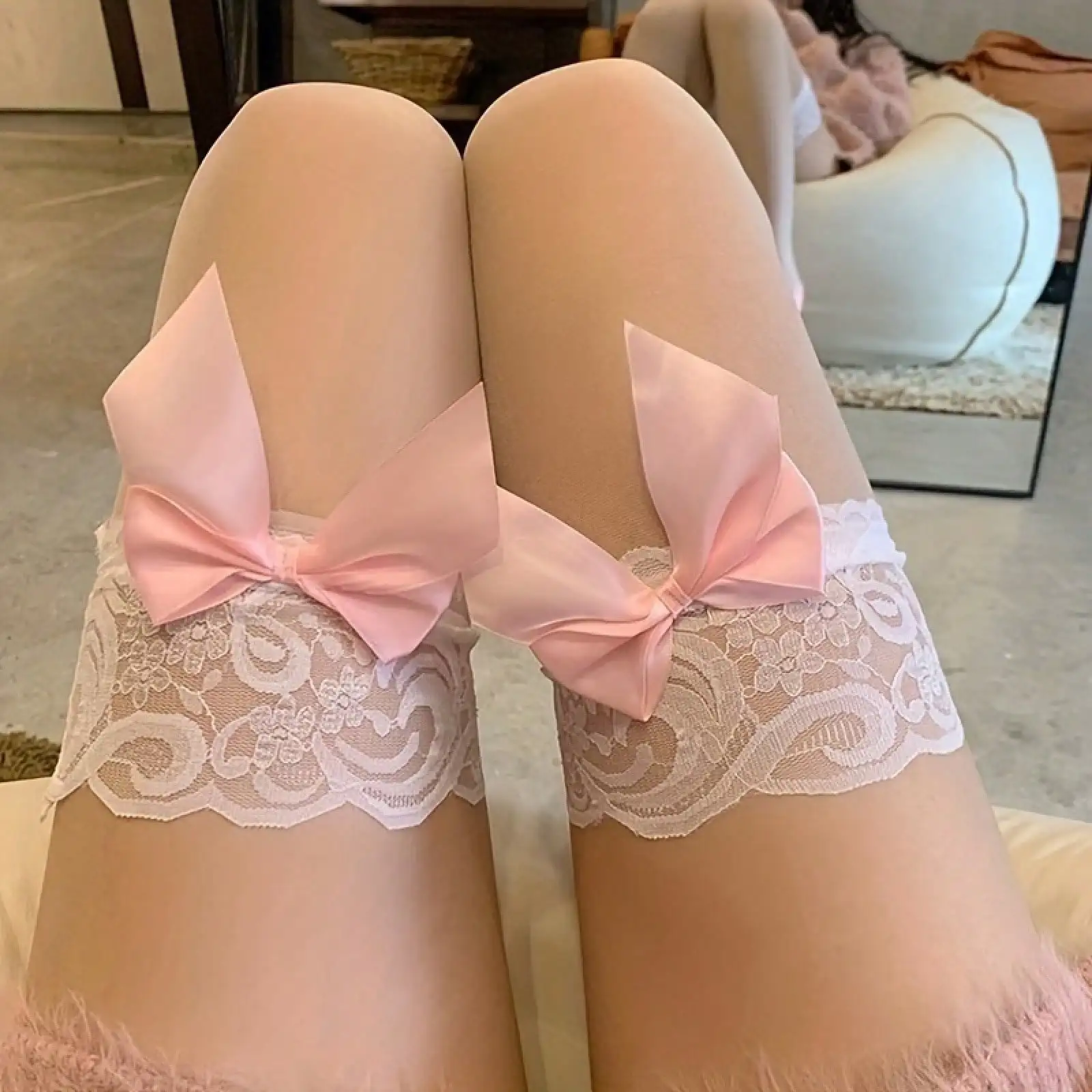 1 par de calcetines altos hasta el muslo con lazo de encaje Coquette, medias blancas transparentes con lazo rosa, lindos calcetines por encima de la rodilla para mujer