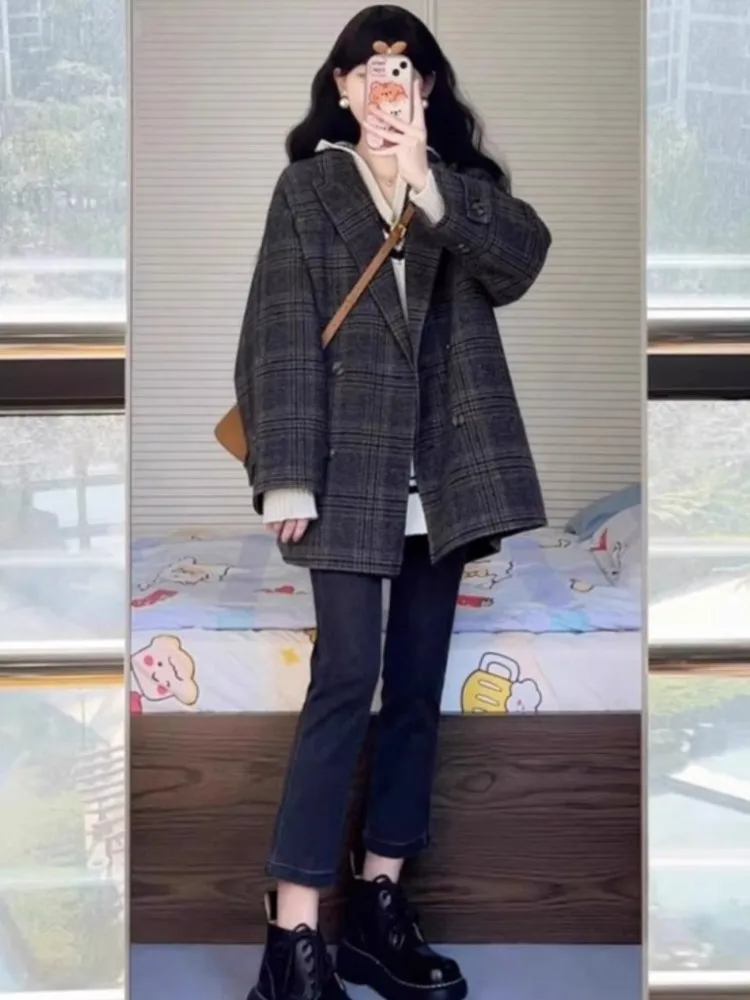 Women Autumn Korean Loose Jacket Plaid Blazer Belted Elegant Fashion Female Suit Jacket Party Business Workwear Coat New