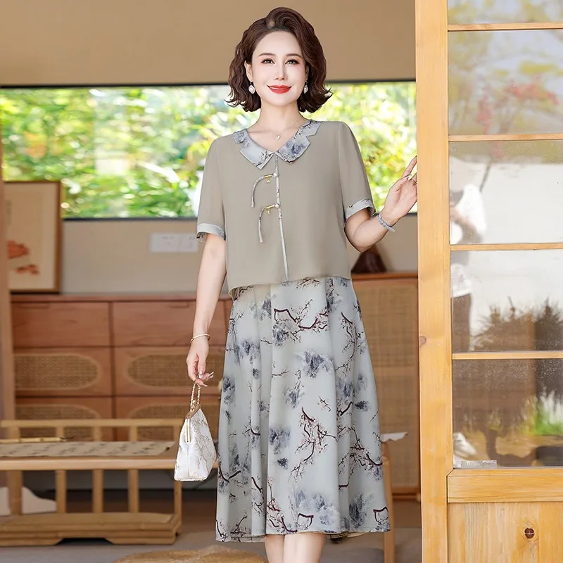 Summer New Print Splice Dress Fashionable Slim and Elegant Retro lapel Knee A-line Dress Loose  Dresses