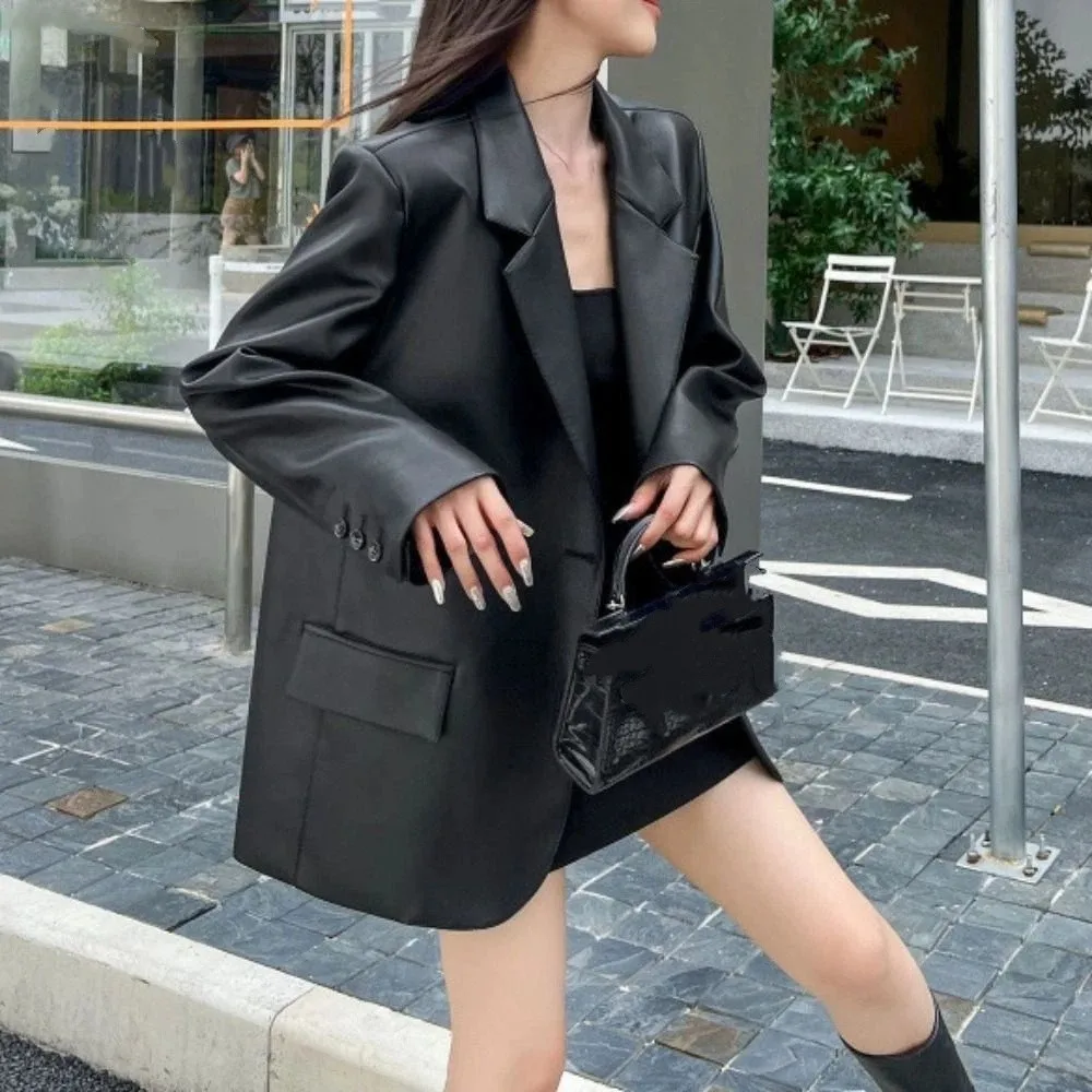 

Модная кожаная куртка с воротником с лацканами, женская корейская шикарная верхняя одежда, винтажные пальто из искусственной кожи, свободные ветровки в стиле ретро, куртки осень/зима