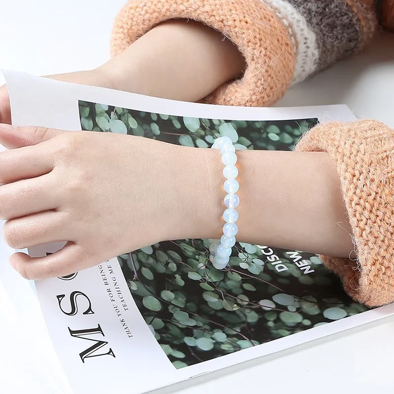 JD Women Fashion Smooth White Opal Moon Stone Bracelet Stretch Cord Elastic Colorful Cat Eyes Stone Expandable Rope Jewelry
