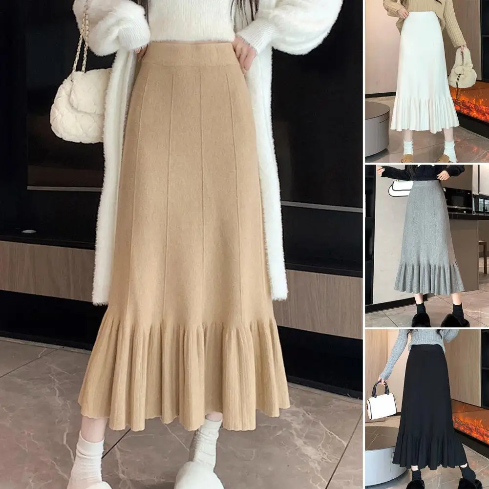 

Elegant Solid Color High-waisted Knitting Skirt with Ruffle Hem Women's Solid Color Pleated Wrapped Midi Skirt for Autumn Winter