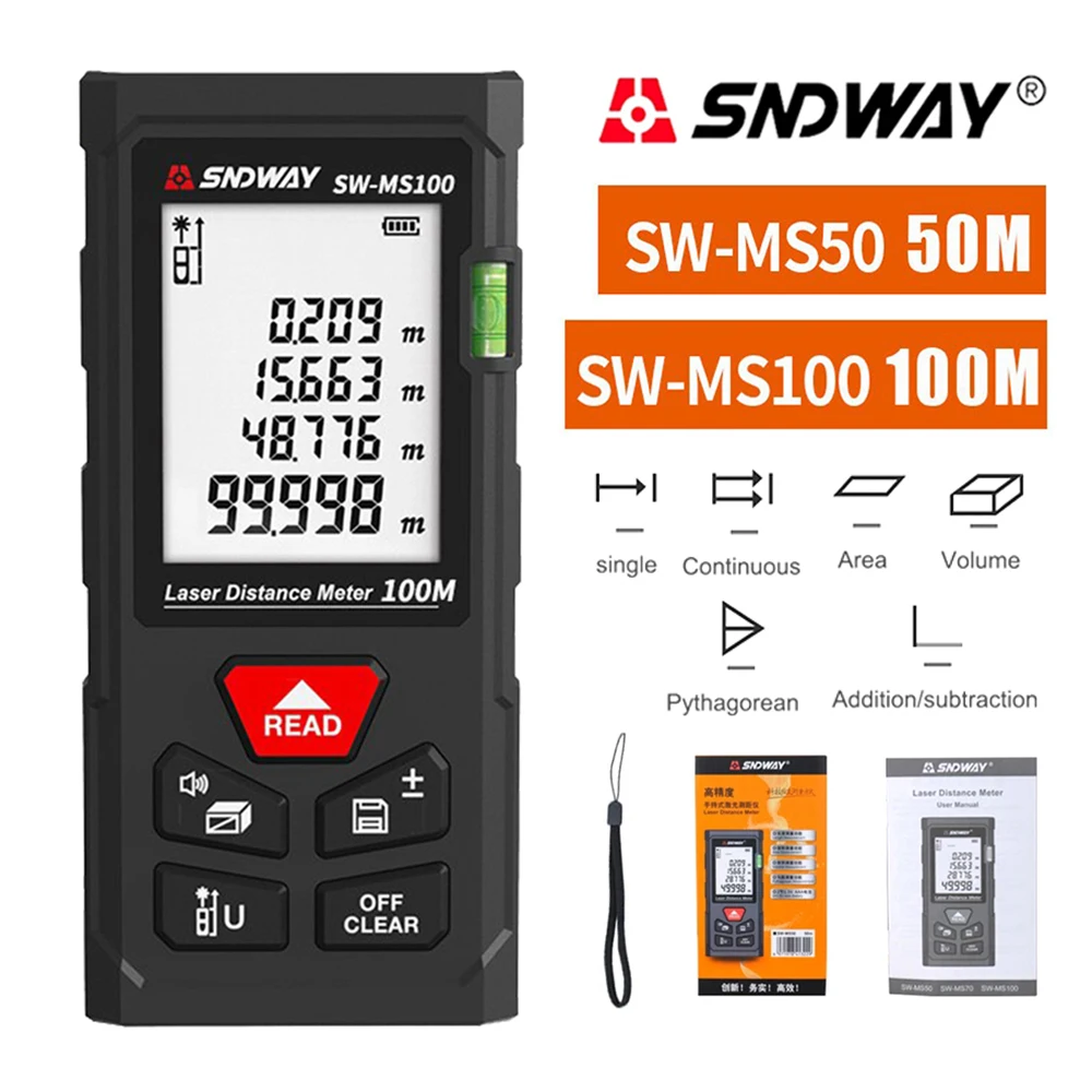 

Лазерный дальномер SNDWAY SW-MS50 MS100 с функцией самокалибровки и хранения данных (единицы измерения: метры, футы)