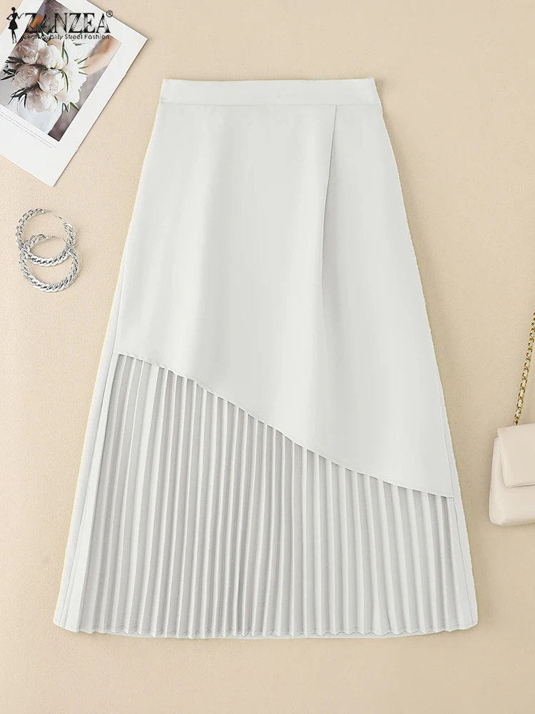 

2025 ZANZEA Elegant Women OL Work Skirts Summer High Waist A-line Midi Skirt Pleated Jupe Fashion Autumn Solid Party Faldas Saia