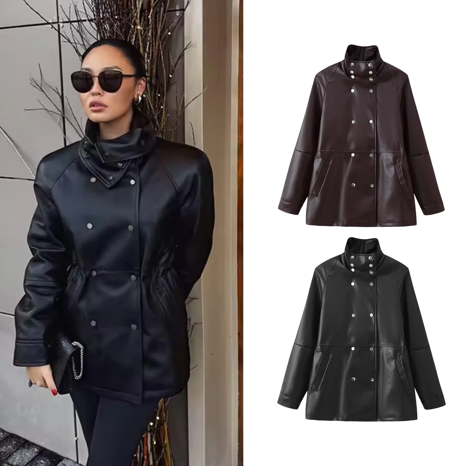 

Женская модная кожаная куртка, облегающее пальто с воротником-стойкой, весенне-осеннее женское двубортное пальто High Street, новые женские куртки