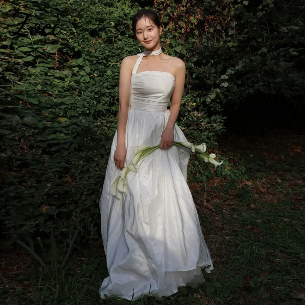 

Zoci Classic Strapless Korea Wedding Dresses Taffeta Draped A Line Photos Shoot Dresses Customized Backless Bride Party Gowns