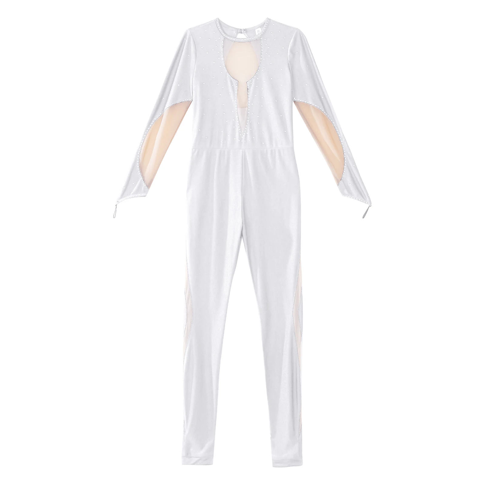 Child Girls Long Sleeve Sheer Mesh Figure Skating Jumpsuit Ballet Dance Gymnastics Acrobatics Yoga Leotard Performance Bodysuit