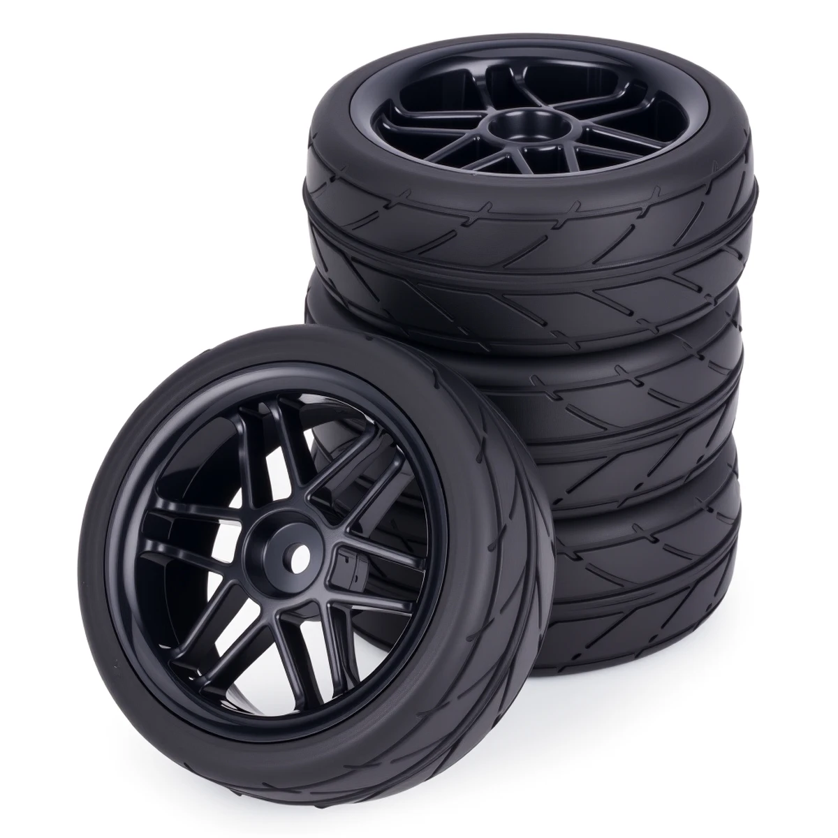 プレグルー済みRCホイールタイヤセット4個入り 1/10 - 65x26mm 12mm六角ハブ タミヤTT01 TT02 XV01 XV02 TA06 HSPモデル対応