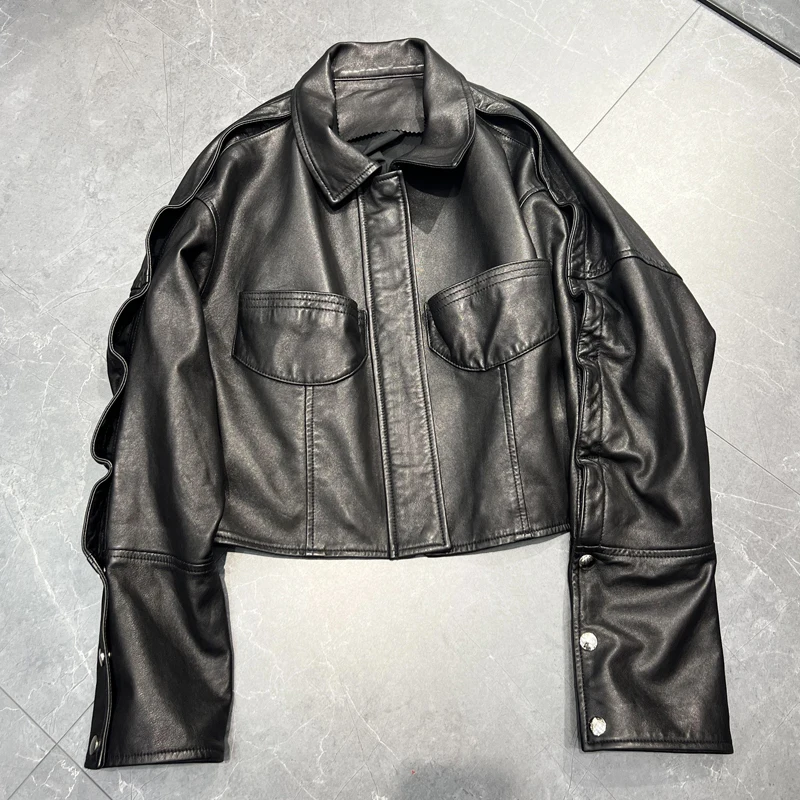 Women Black Genuine Leather Jacket Sheepskin Semi Vegetable Tanned Motorcycle Short New Design Jacket