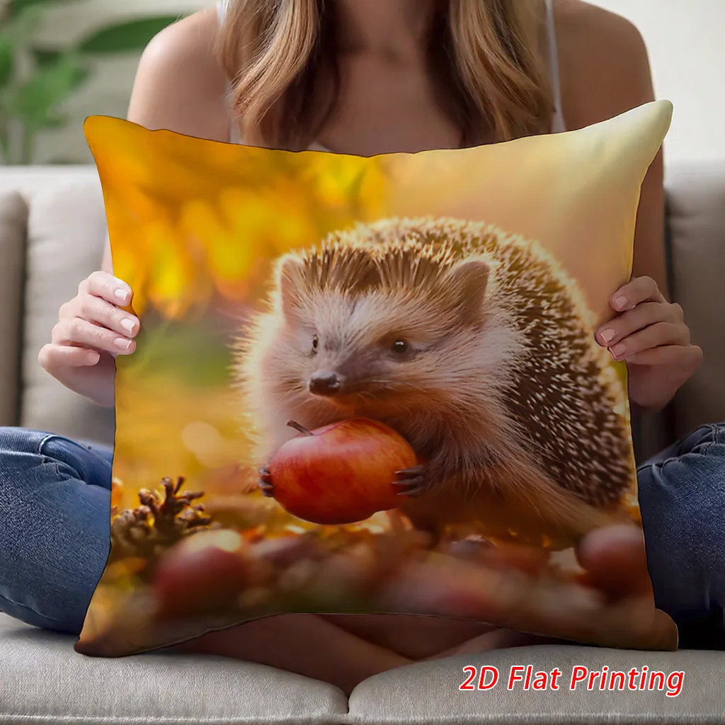 Cute Hedgehog Holding Apple Pillow Case Autumn Forest Animal Cushion Cover Cozy Living Room Decor Throw Pillow Slipcover forSofa