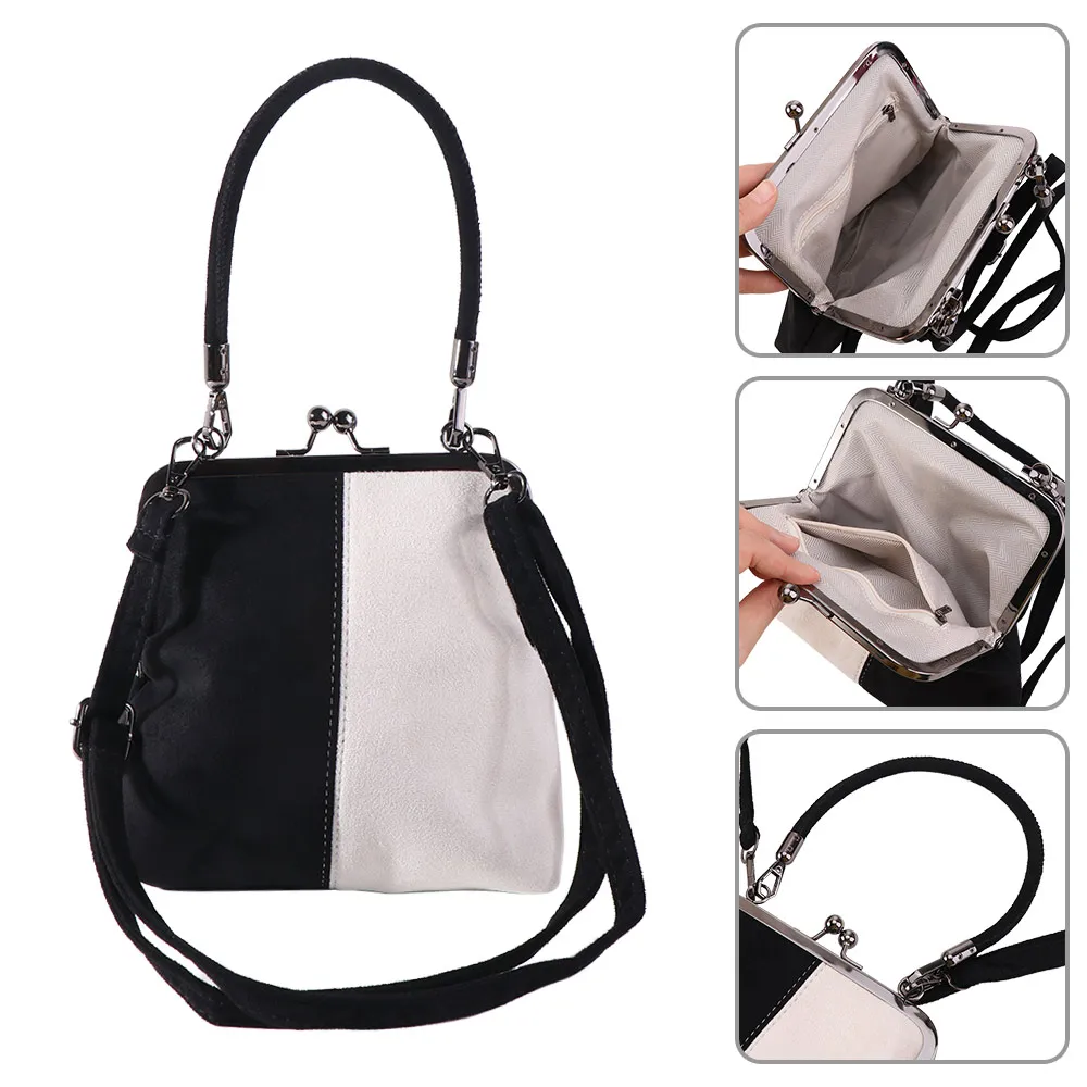 Large Capacity Retro Frosted Handbag Kiss Lock Short Handle Leather Crossbody Bag Clip Closure PU Clutch Shoulder Bag Casual